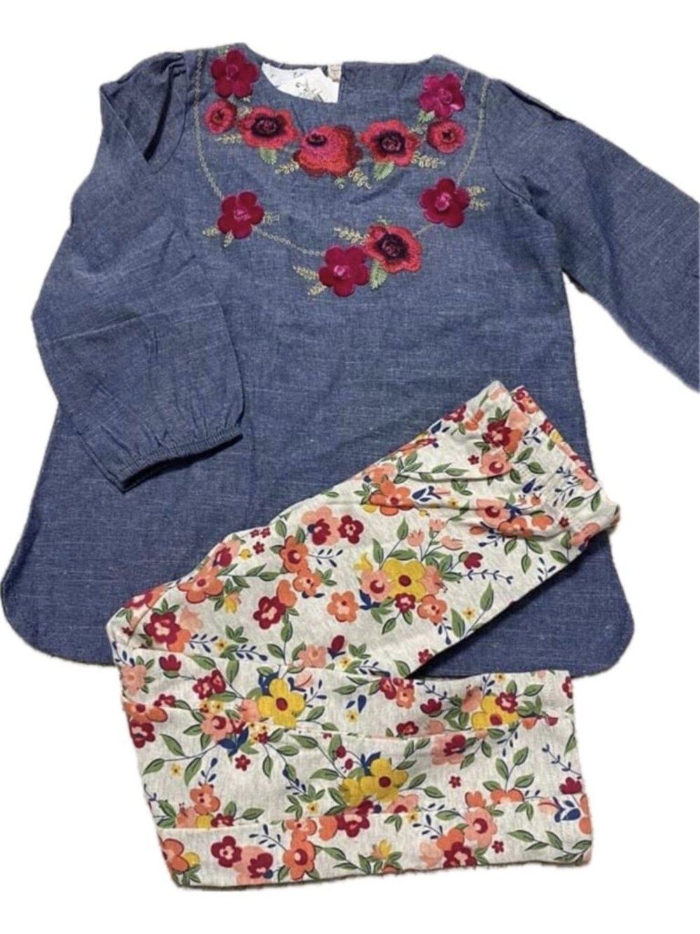 Mud Pie chambray tunic leggings floral embroider applique SET 4T NWT Fall velvet